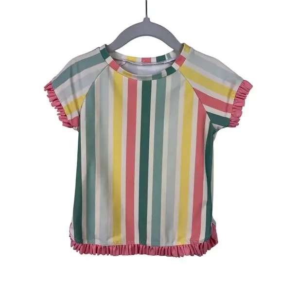 RuffleButts Rainbow Stripe Rash Guard Girls, Ruffle Trim, Swim Top, 2T-3T - Picture 1 of 8